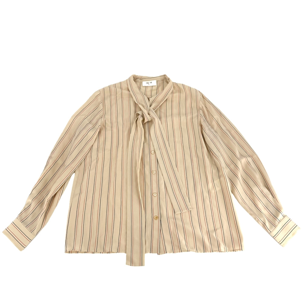 CELINE セリーヌ 長袖シャツ ストライプ ボウタイ リボン アパレル 服 38 ベージュ 春 秋 シルク レディース【中古品】
