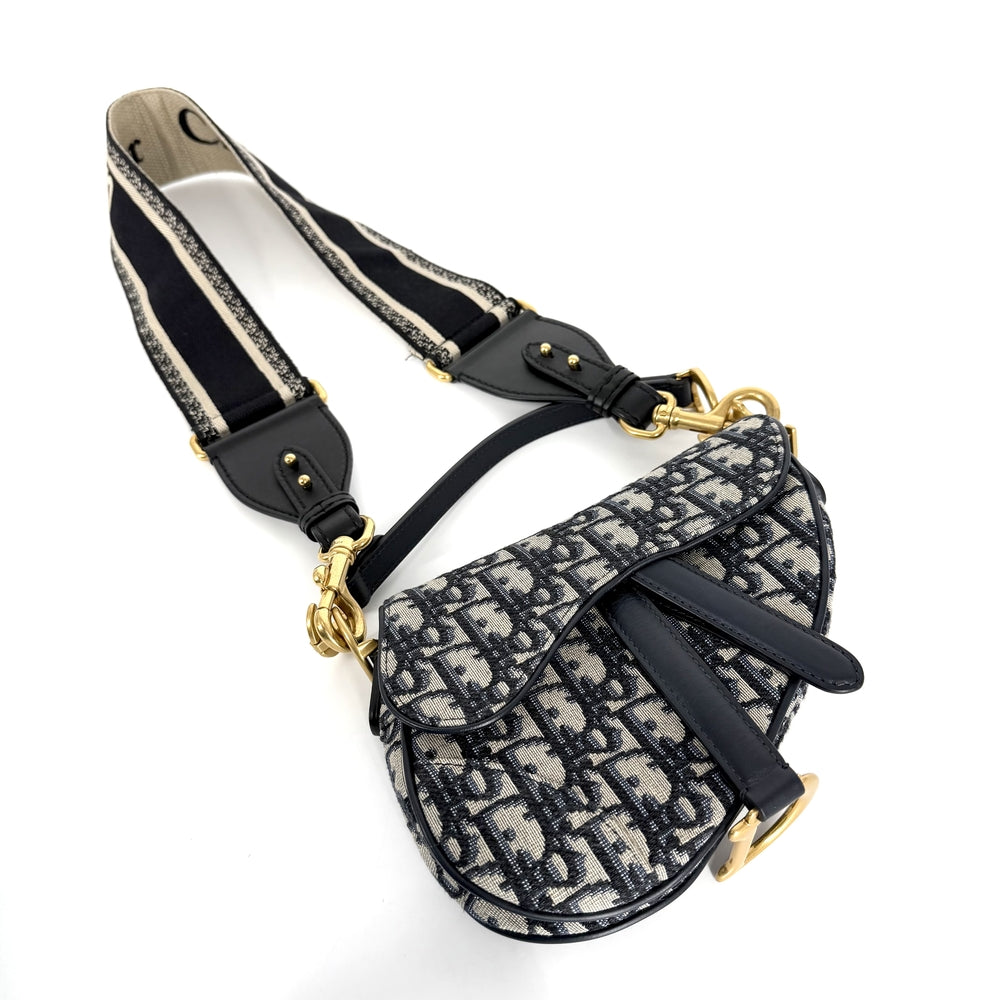 Dior ディオール 2WAY オブリーク サドルバッグ ショルダーバッグ ハンドバッグ キャンバス レザー ネイビー 紺 ベージュ ゴールド金具 レディース【中古品】