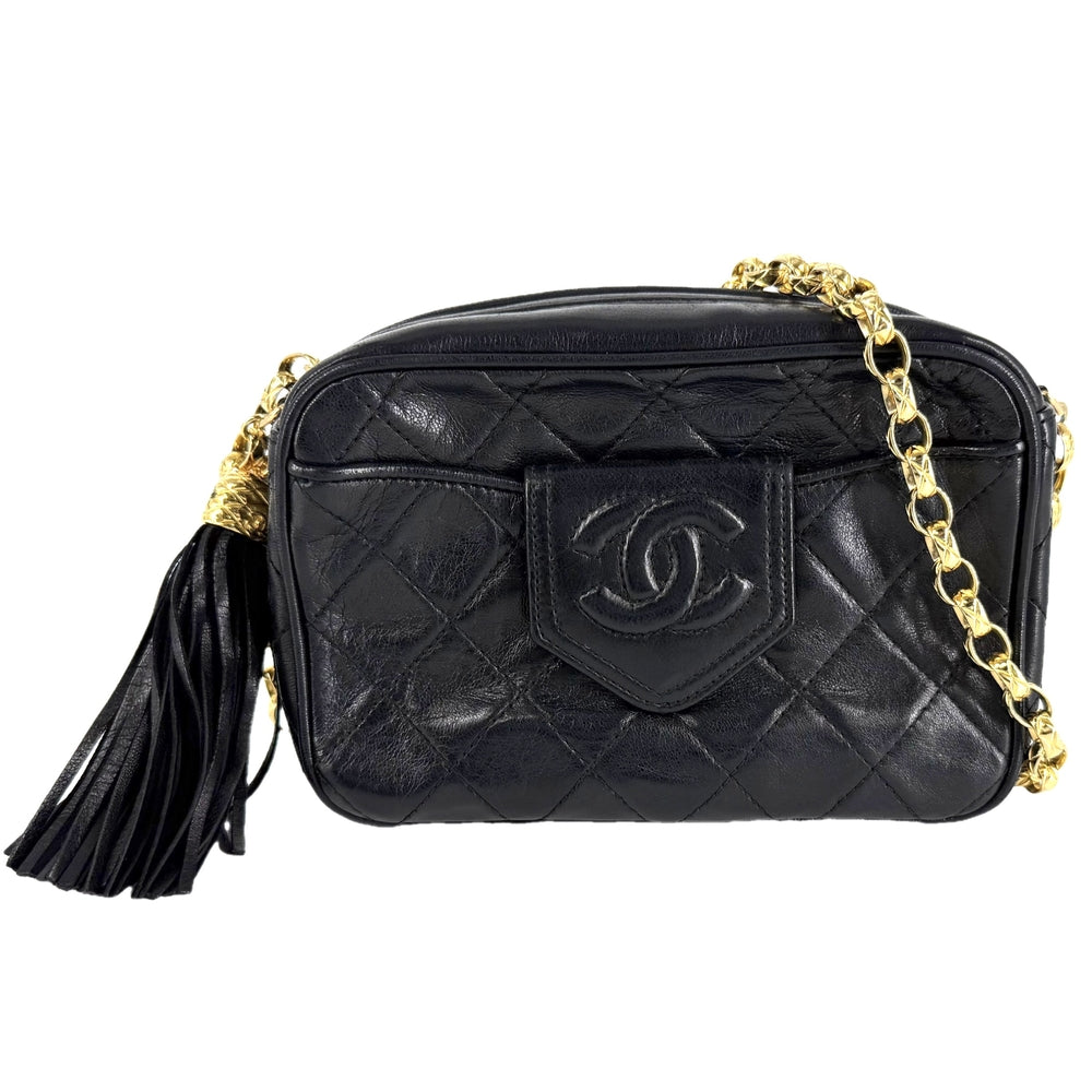 CHANEL シャネル ショルダーバッグ フリンジ マトラッセ チェーンショルダー ココマーク ラムスキン ブラック 黒 ゴールド金具 レディース【中古品】