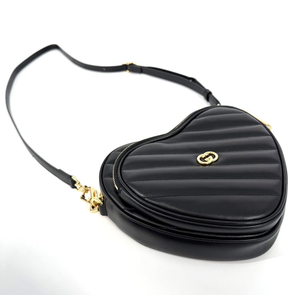GUCCI グッチ ショルダーバッグ インターロッキングG ハート キルティング 751628 レザー ブラック 黒 ゴールド金具 レディース【中古品】