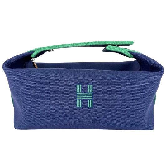 HERMES エルメス ハンドバッグ ブリッドアブラックPM ポーチ コットン ネイビー 紺 グリーン 緑 シルバー金具 レディース【中古品】