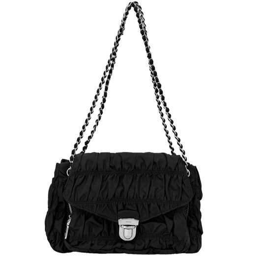 PRADA プラダ ショルダーバッグ ギャザー チェーン テスート BR4608 ナイロン ブラック 黒 シルバー金具 レディース【中古品】