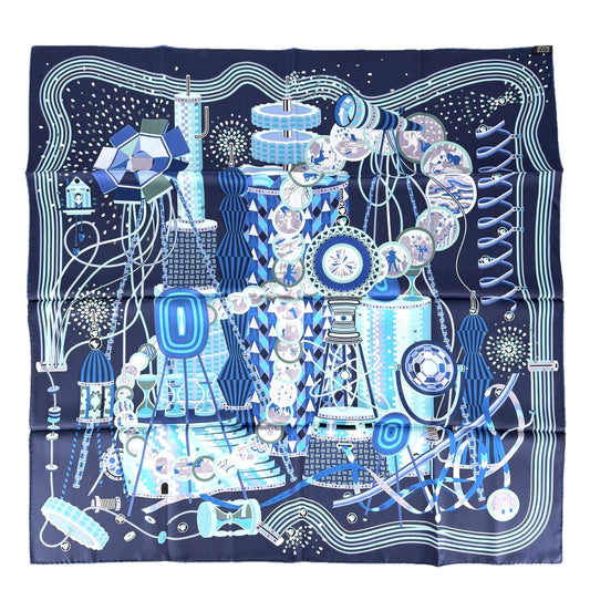HERMES エルメス スカーフ カレ90 LELABORATOIRE DU TEMPS 時の実験室 ファッションアイテム Carres シルク ネイビー 紺 ブルー 青 レディース【中古品】