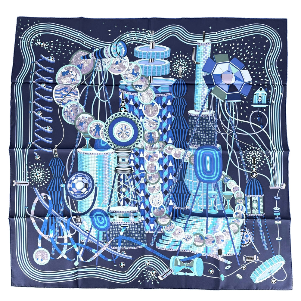HERMES エルメス スカーフ カレ90 LELABORATOIRE DU TEMPS 時の実験室 ファッションアイテム Carres シルク ネイビー 紺 ブルー 青 レディース【中古品】