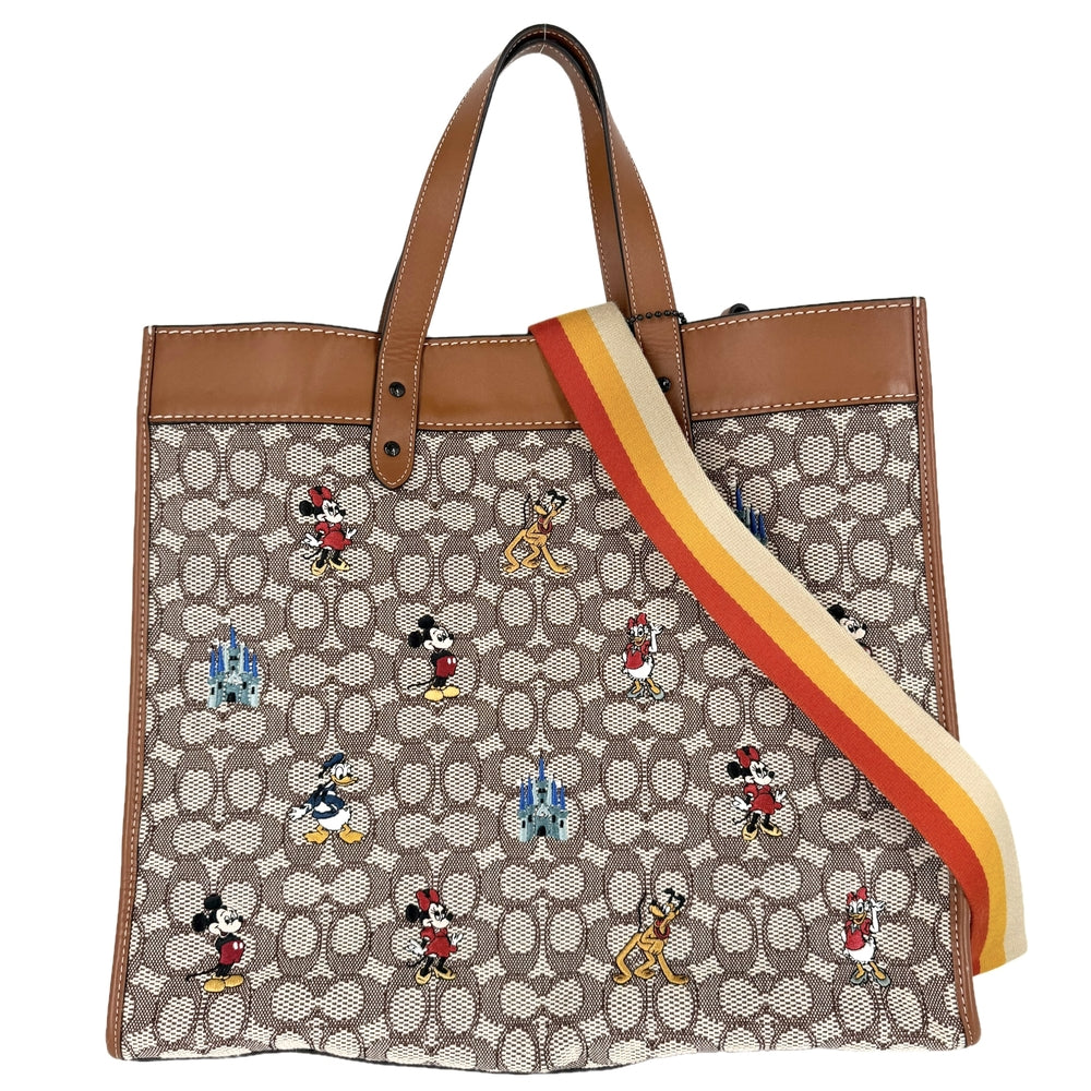 COACH コーチ 2WAY ディズニーコラボ フィールドトート40 トートバッグ ショルダーバッグ ハンドバッグ シグネチャー ウィズ ミッキーマウス C8492 キャンバス レザー ブラウン 茶 ガンメタル金具 レディース【中古品】