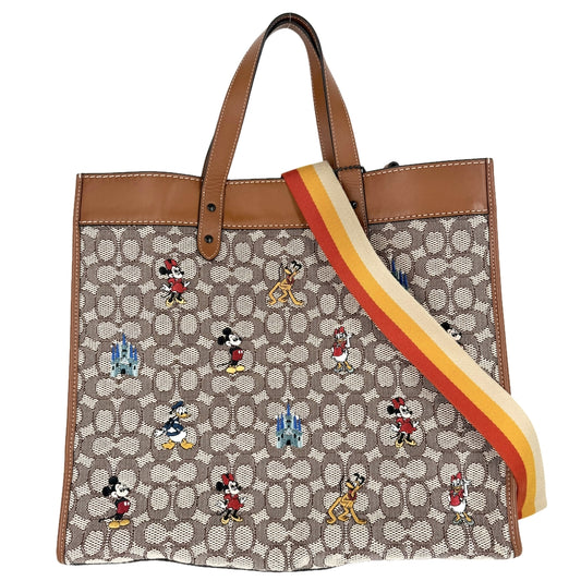 COACH コーチ 2WAY ディズニーコラボ フィールドトート40 トートバッグ ショルダーバッグ ハンドバッグ シグネチャー ウィズ ミッキーマウス C8492 キャンバス レザー ブラウン 茶 ガンメタル金具 レディース【中古品】