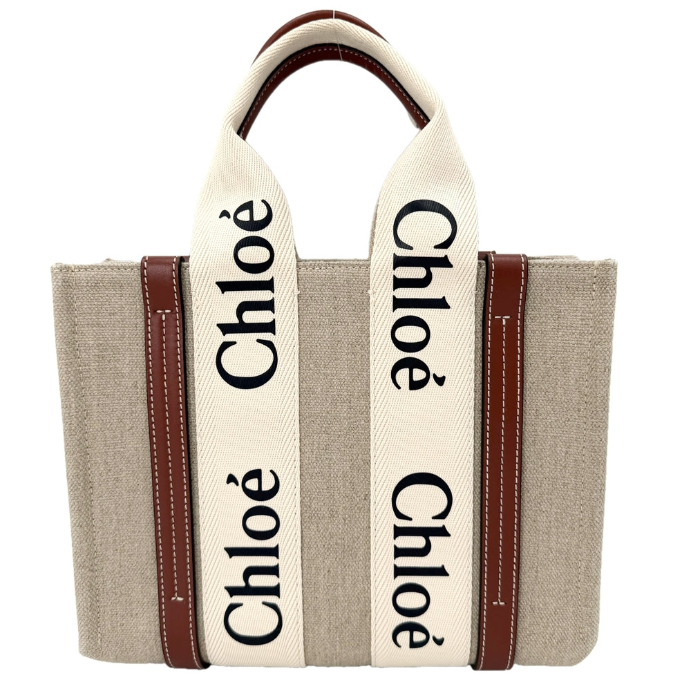 Chloe クロエ 2WAY WOODY　ウッディ スモールトートバッグ ショルダーバッグ リネンキャンバス カーフスキン ベージュ ブラウン 茶 ゴールド金具 レディース【中古品】
