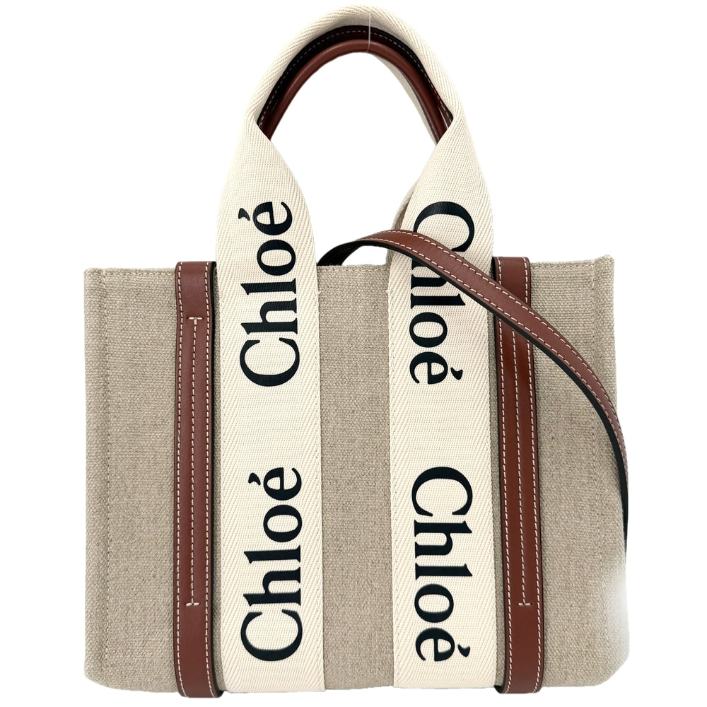Chloe クロエ 2WAY WOODY　ウッディ スモールトートバッグ ショルダーバッグ リネンキャンバス カーフスキン ベージュ ブラウン 茶 ゴールド金具 レディース【中古品】