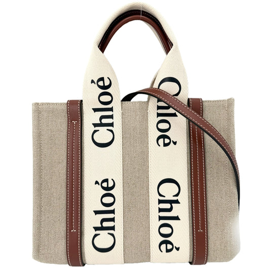 Chloe クロエ 2WAY WOODY　ウッディ スモールトートバッグ ショルダーバッグ リネンキャンバス カーフスキン ベージュ ブラウン 茶 ゴールド金具 レディース【中古品】