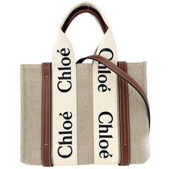 Chloe クロエ 2WAY WOODY　ウッディ スモールトートバッグ ショルダーバッグ リネンキャンバス カーフスキン ベージュ ブラウン 茶 ゴールド金具 レディース【中古品】