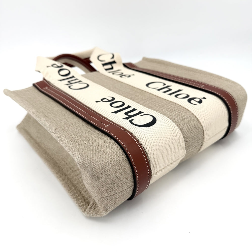 Chloe クロエ 2WAY WOODY　ウッディ スモールトートバッグ ショルダーバッグ リネンキャンバス カーフスキン ベージュ ブラウン 茶 ゴールド金具 レディース【中古品】