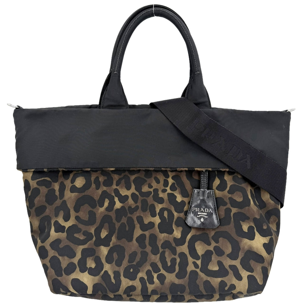 PRADA プラダ 2WAY レオパード ヒョウ柄 ハンド ショルダー トートバッグ B4521V ナイロン ブラック 黒 カーキ シルバー金具 レディース【中古品】