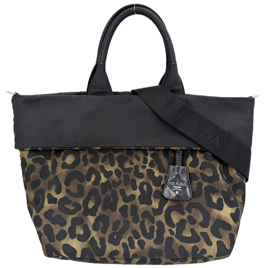 PRADA プラダ 2WAY レオパード ヒョウ柄 ハンド ショルダー トートバッグ B4521V ナイロン ブラック 黒 カーキ シルバー金具 レディース【中古品】