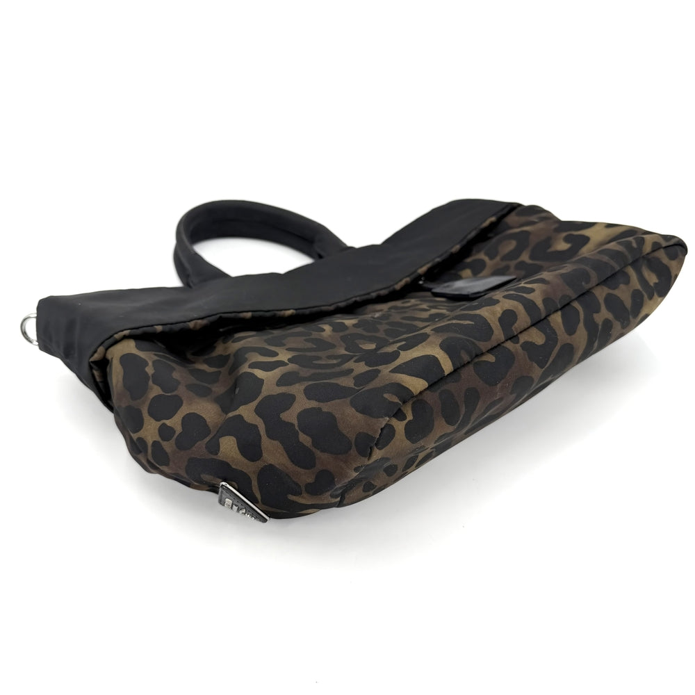 PRADA プラダ 2WAY レオパード ヒョウ柄 ハンド ショルダー トートバッグ B4521V ナイロン ブラック 黒 カーキ シルバー金具 レディース【中古品】