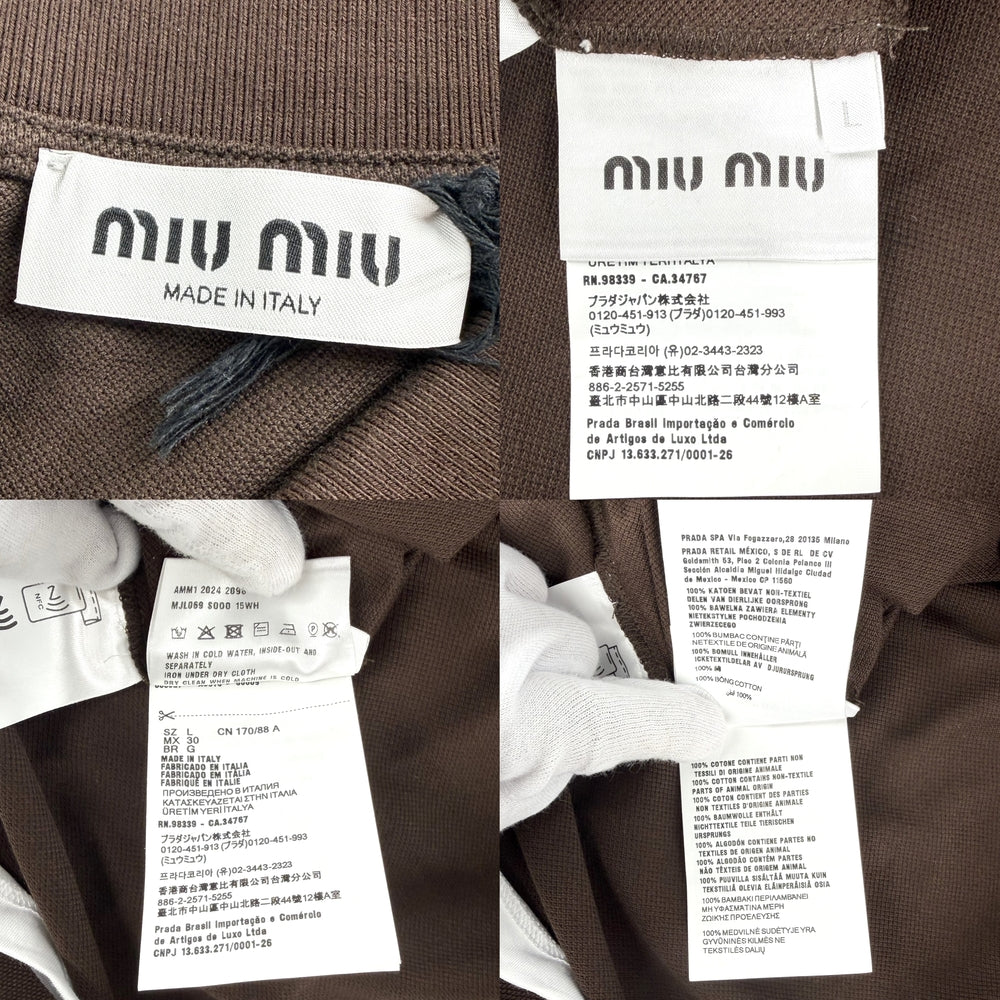 MIUMIU ミュウミュウ ポロシャツ コットンピケ ロゴ 長袖 ボックスフィット アパレル 服 トップス L MJL069 ブラウン 茶 コットン レディース【中古品】