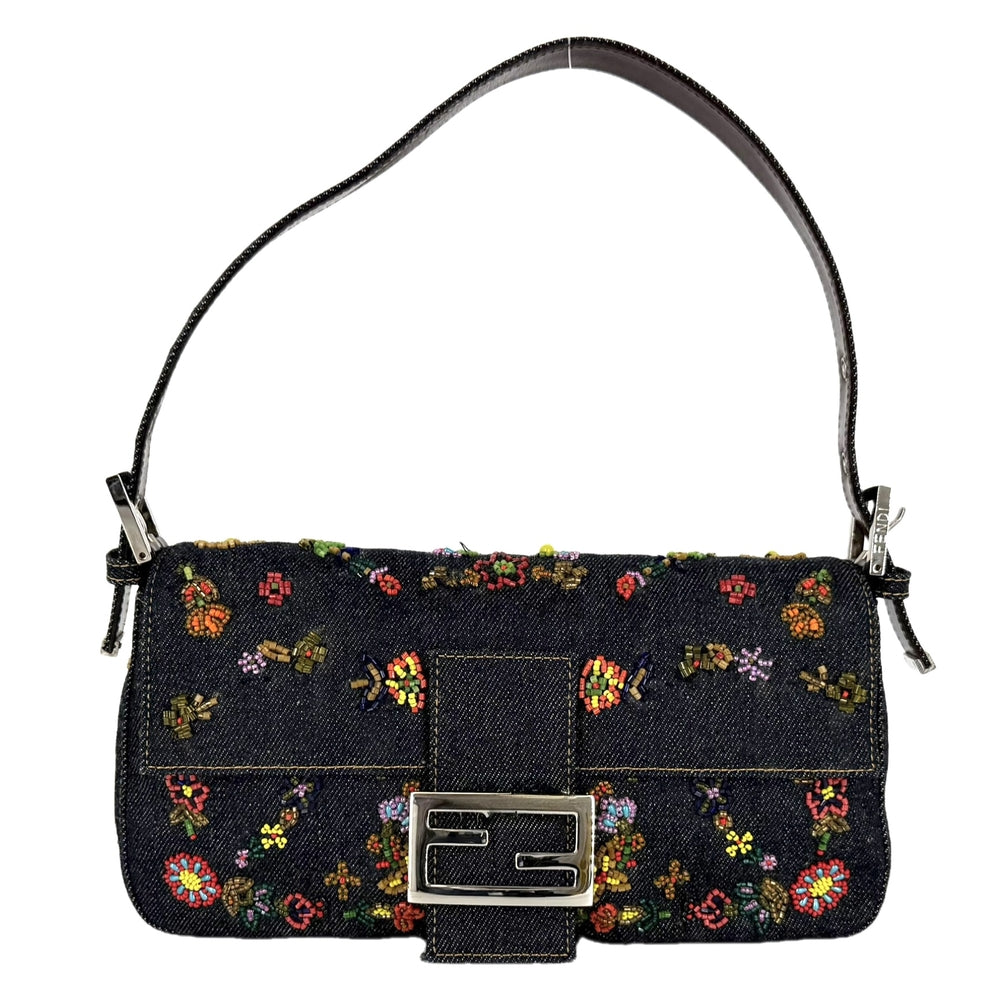 FENDI フェンディ ハンドバッグ マンマバケット ビーズ 刺繍 Mamma Bucket 26424 デニム レザー インディゴ シルバー金具 レディース【中古品】