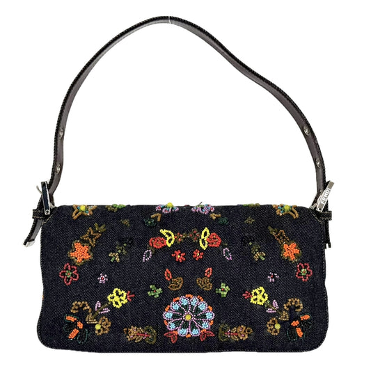 FENDI フェンディ ハンドバッグ マンマバケット ビーズ 刺繍 Mamma Bucket 26424 デニム レザー インディゴ シルバー金具 レディース【中古品】