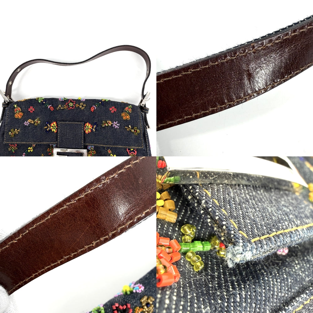 FENDI フェンディ ハンドバッグ マンマバケット ビーズ 刺繍 Mamma Bucket 26424 デニム レザー インディゴ シルバー金具 レディース【中古品】