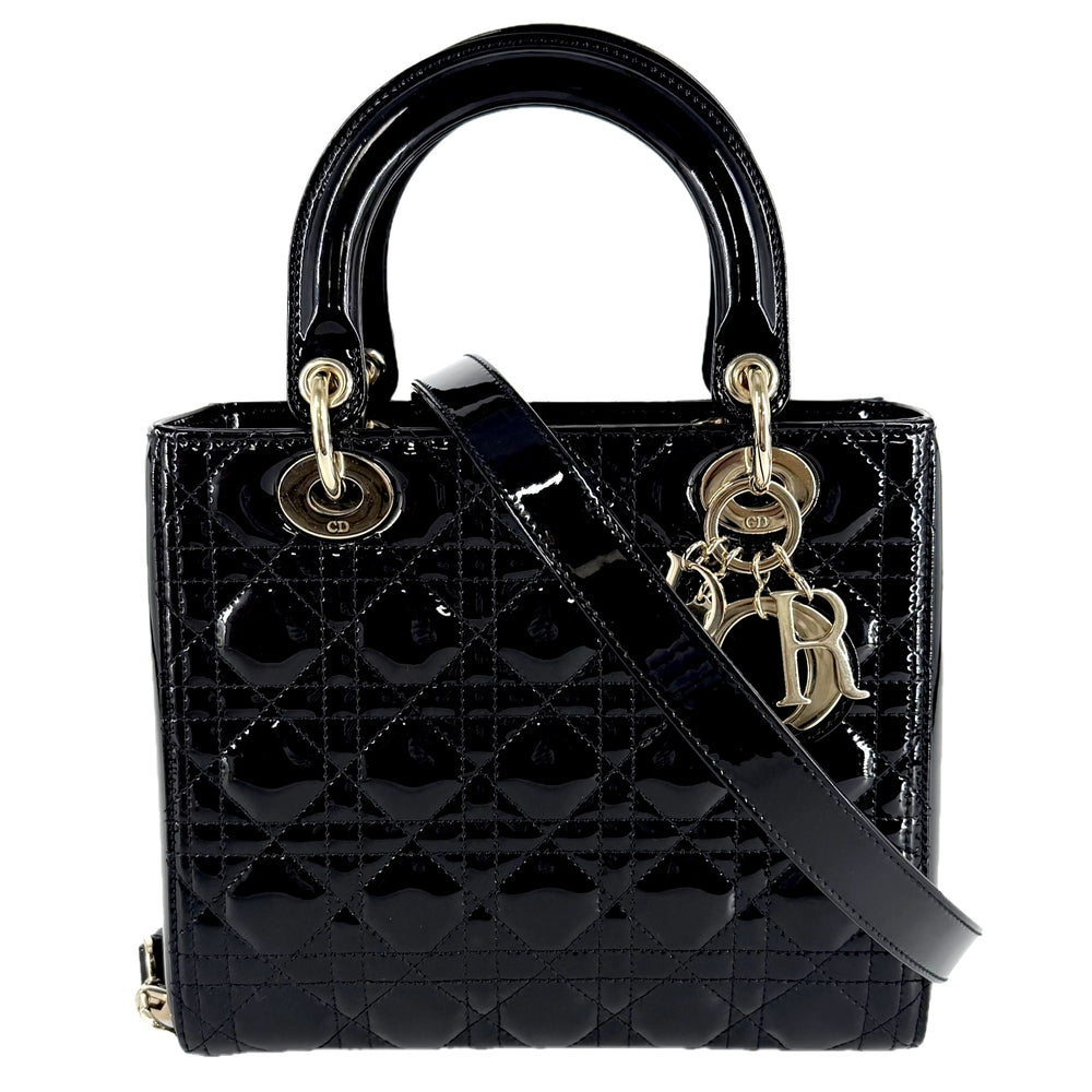 Christian Dior クリスチャンディオール 2WAY カナージュ レディディオール ミディアム ショルダーバッグ ハンドバッグ パテントカーフスキン ブラック 黒 ゴールド金具 レディース【中古品】