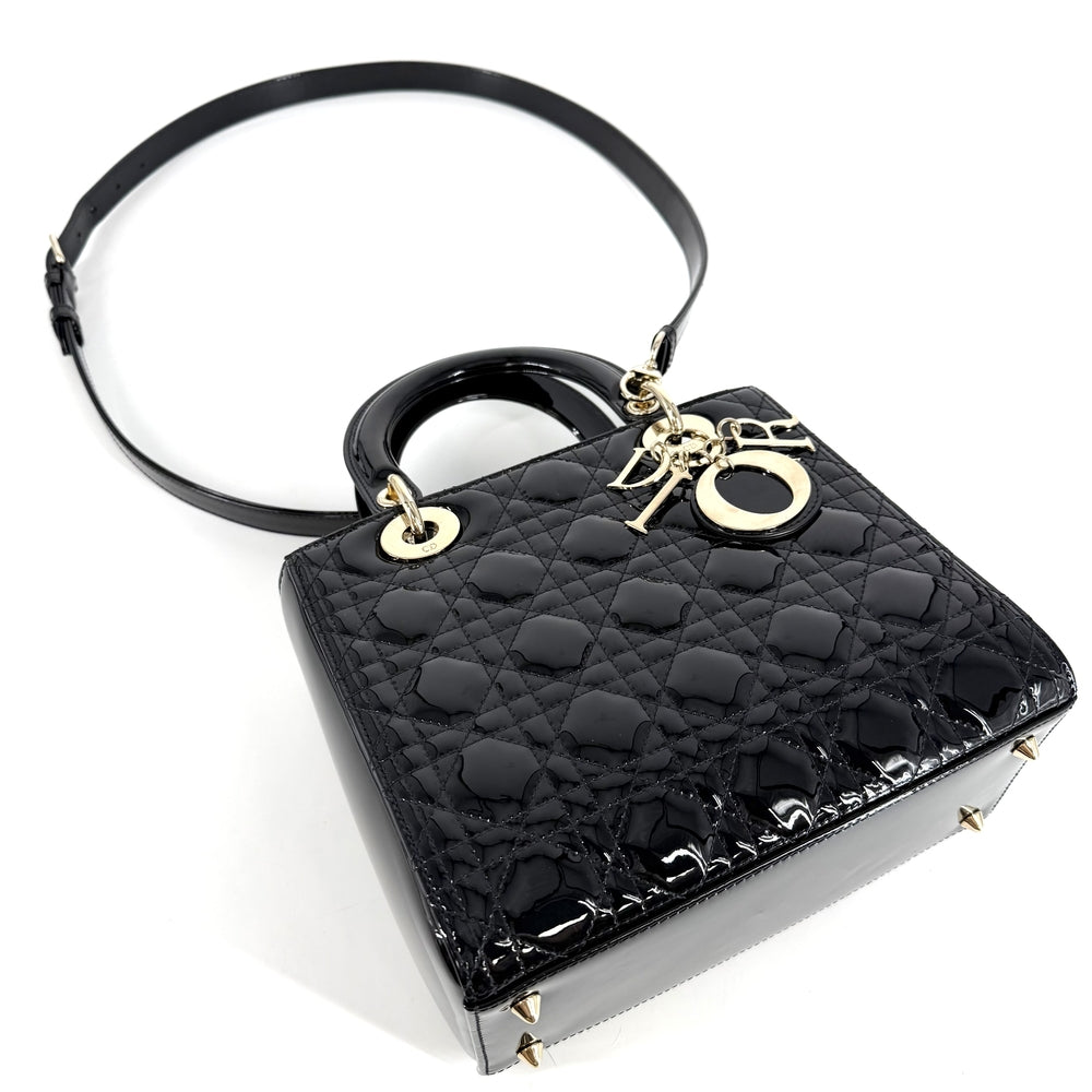Christian Dior クリスチャンディオール 2WAY カナージュ レディディオール ミディアム ショルダーバッグ ハンドバッグ パテントカーフスキン ブラック 黒 ゴールド金具 レディース【中古品】
