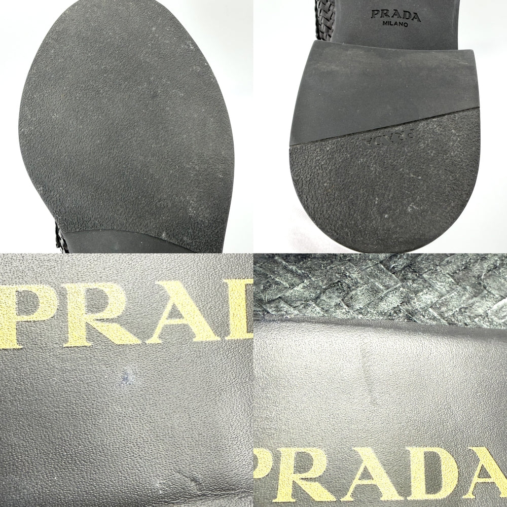 PRADA プラダ ローファー トライアングルロゴ 編み込み 靴 39 1/2サイズ 約26.5cm レザー ブラック 黒 ゴールド金具 レディース【中古品】