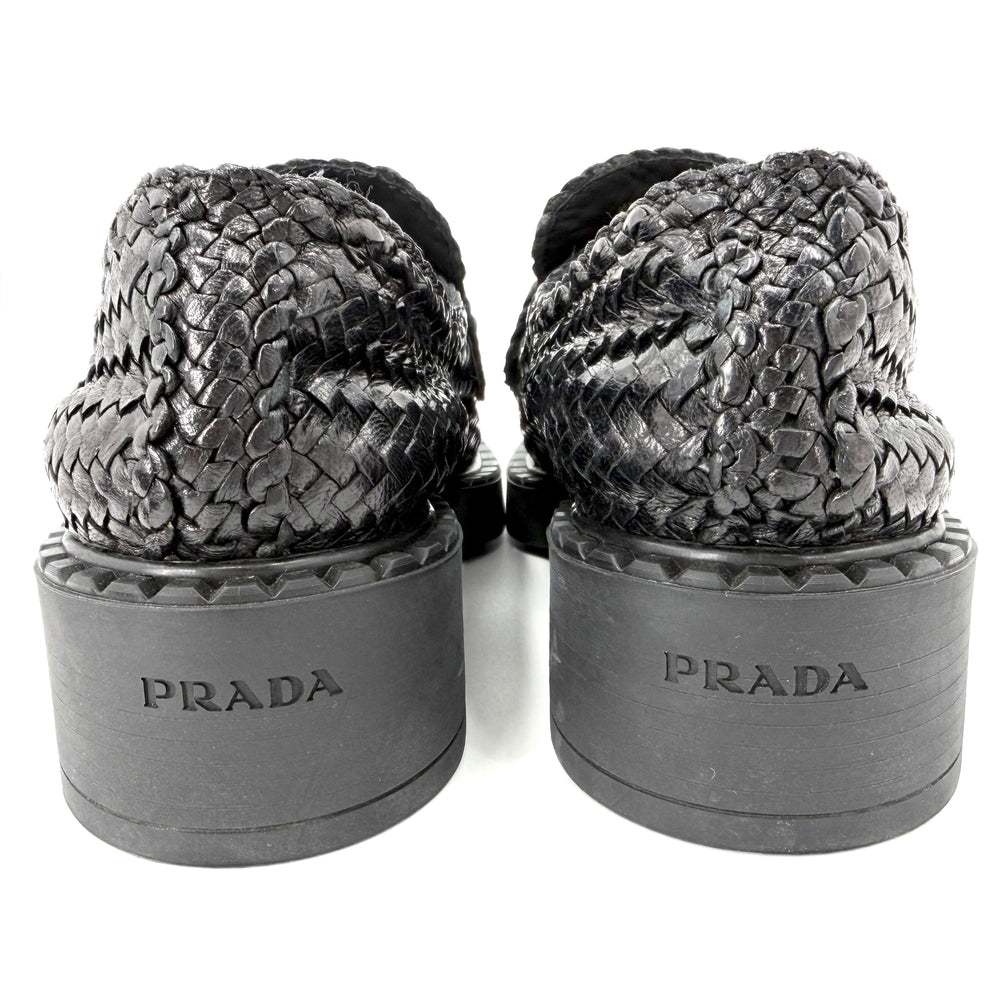 PRADA プラダ ローファー トライアングルロゴ 編み込み 靴 39 1/2サイズ 約26.5cm レザー ブラック 黒 ゴールド金具 レディース【中古品】