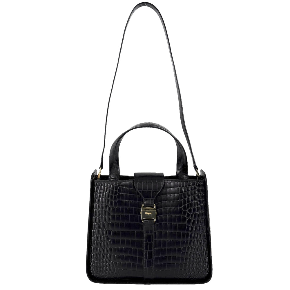 Salvatore Ferragamo サルヴァトーレフェラガモ 2WAY クロコ型押し ショルダーバッグ ハンドバッグ かばん 鞄 DY-21 0239 レザー ブラック 黒 ゴールド金具 レディース【中古品】