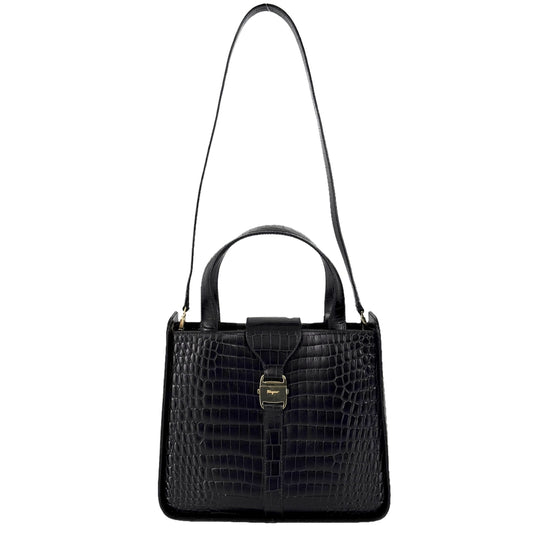 Salvatore Ferragamo サルヴァトーレフェラガモ 2WAY クロコ型押し ショルダーバッグ ハンドバッグ かばん 鞄 DY-21 0239 レザー ブラック 黒 ゴールド金具 レディース【中古品】