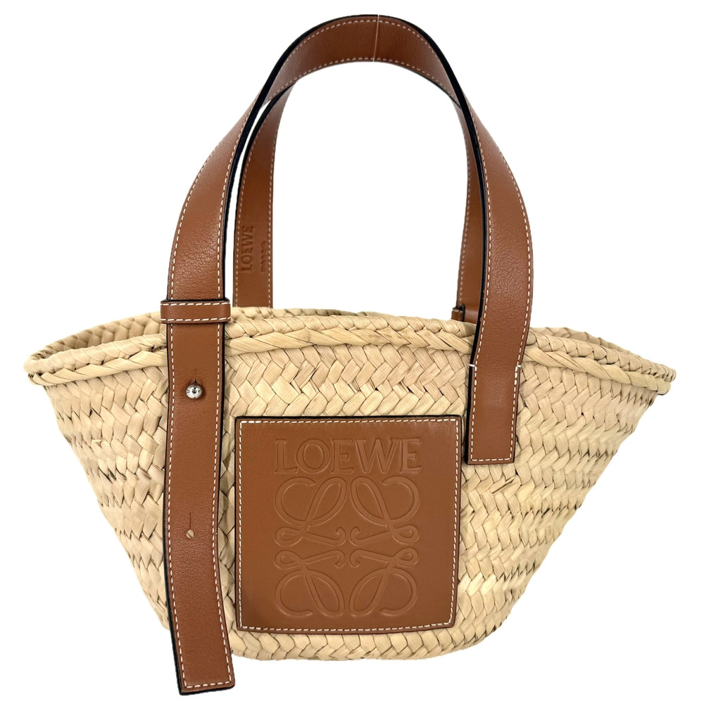 LOEWE ロエベ ハンドバッグ アナグラム バスケットバッグ スモール かごバッグ ラフィア レザー ベージュ ブラウン 茶 シルバー金具 レディース【中古品】