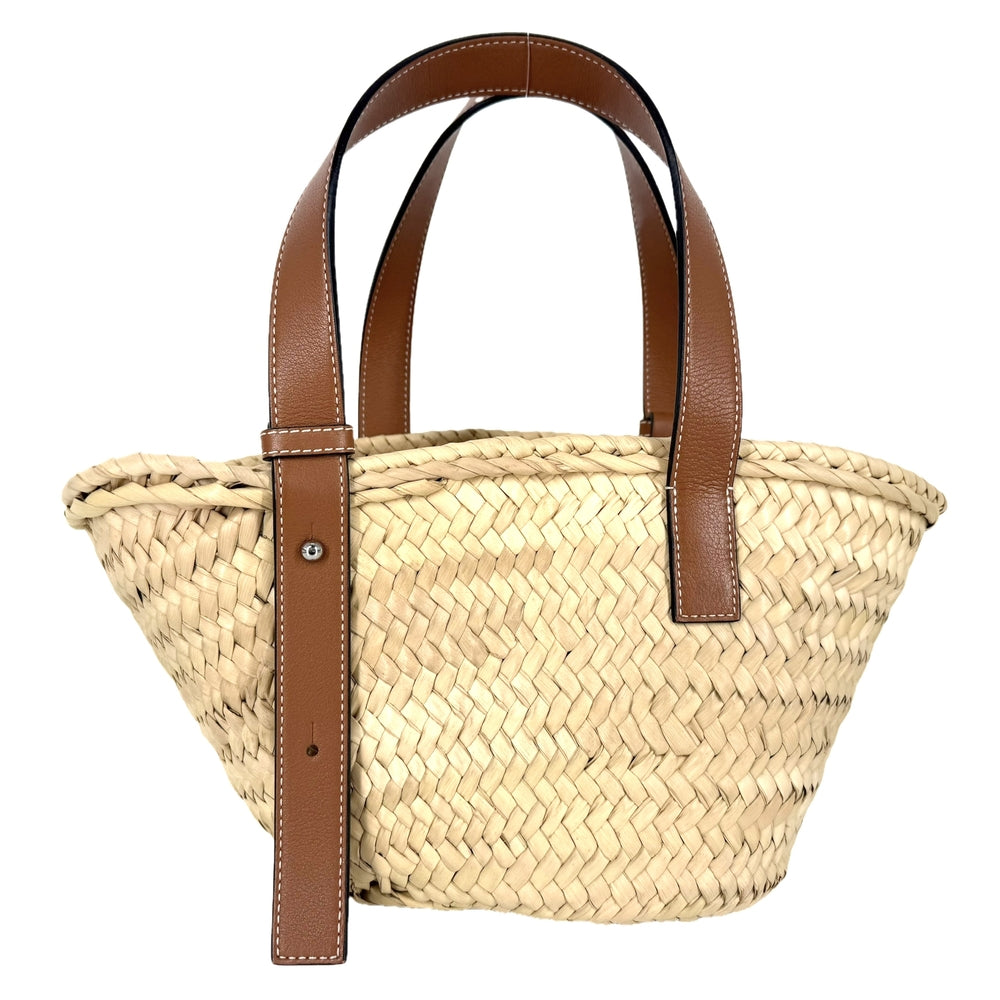 LOEWE ロエベ ハンドバッグ アナグラム バスケットバッグ スモール かごバッグ ラフィア レザー ベージュ ブラウン 茶 シルバー金具 レディース【中古品】