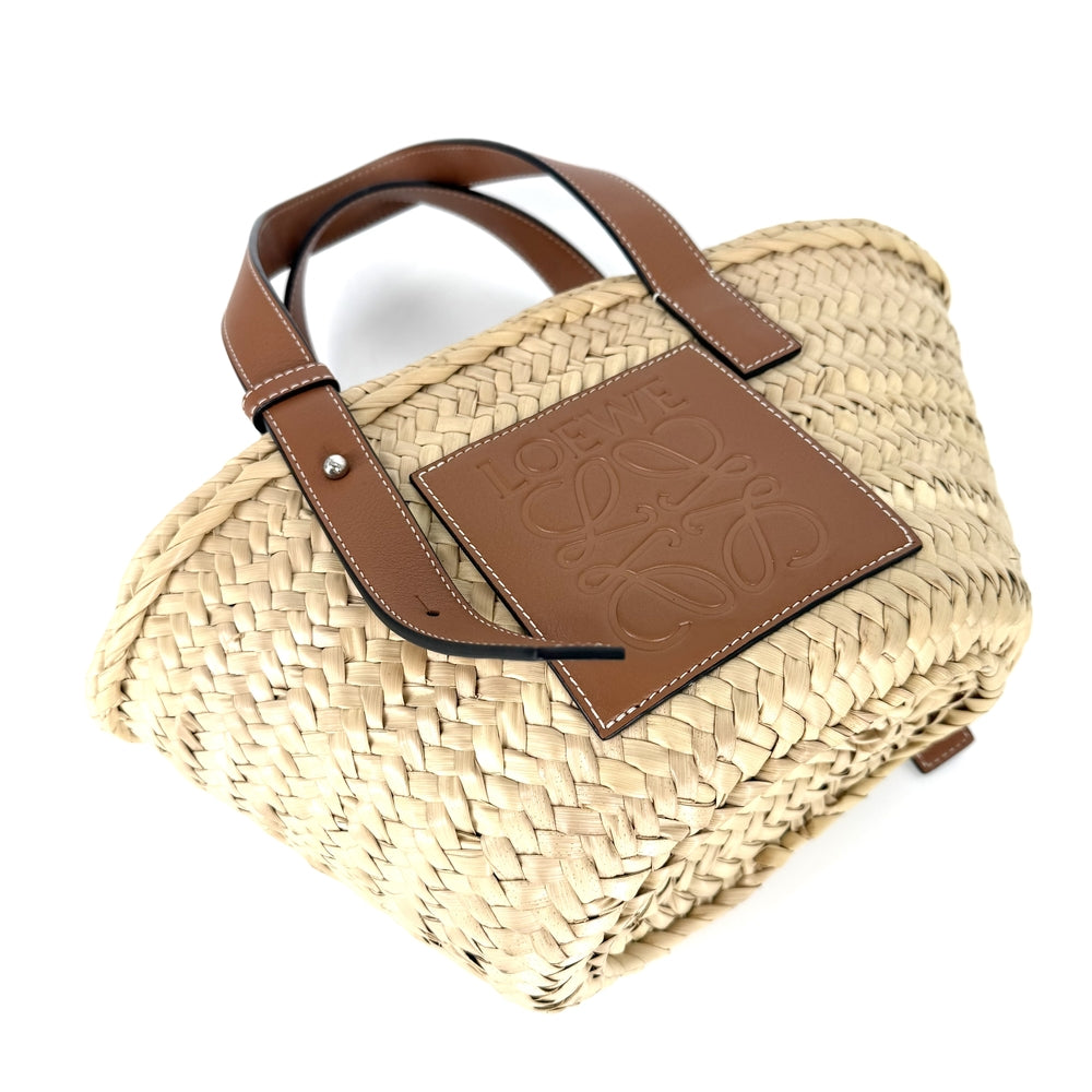 LOEWE ロエベ ハンドバッグ アナグラム バスケットバッグ スモール かごバッグ ラフィア レザー ベージュ ブラウン 茶 シルバー金具 レディース【中古品】
