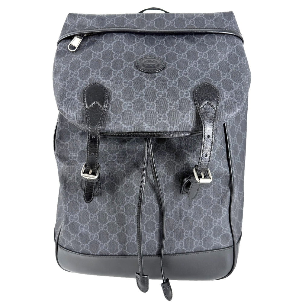 GUCCI グッチ リュック インターロッキングG ミディアムバックパック 696013 GGスプリームキャンバス レザー グレー ブラック 黒 シルバー金具 メンズ【中古品】