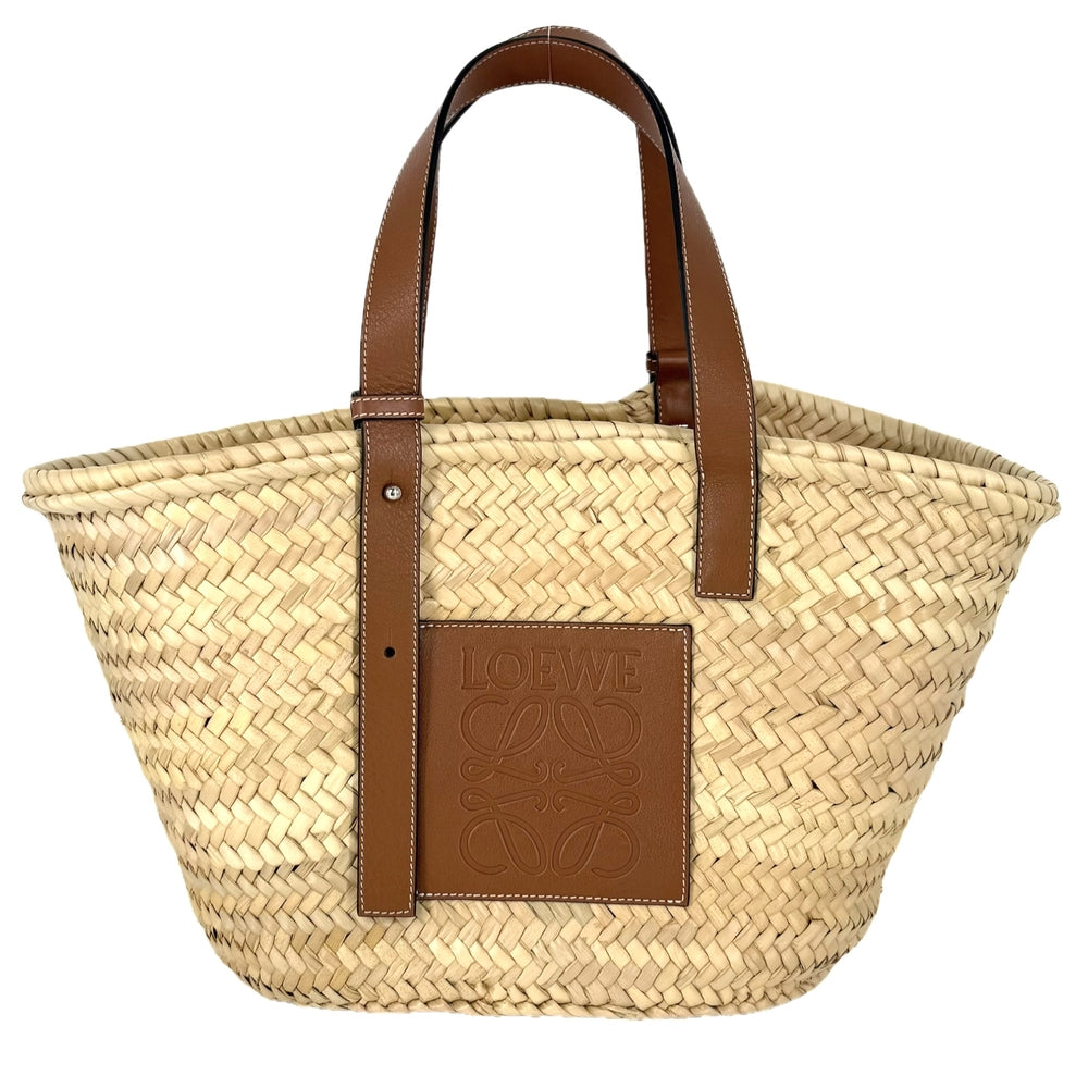 LOEWE ロエベ トートバッグ アナグラム バスケットバッグミディアム かごバッグ ハンドバッグ ラフィア レザー ベージュ ブラウン 茶 シルバー金具 レディース【中古品】