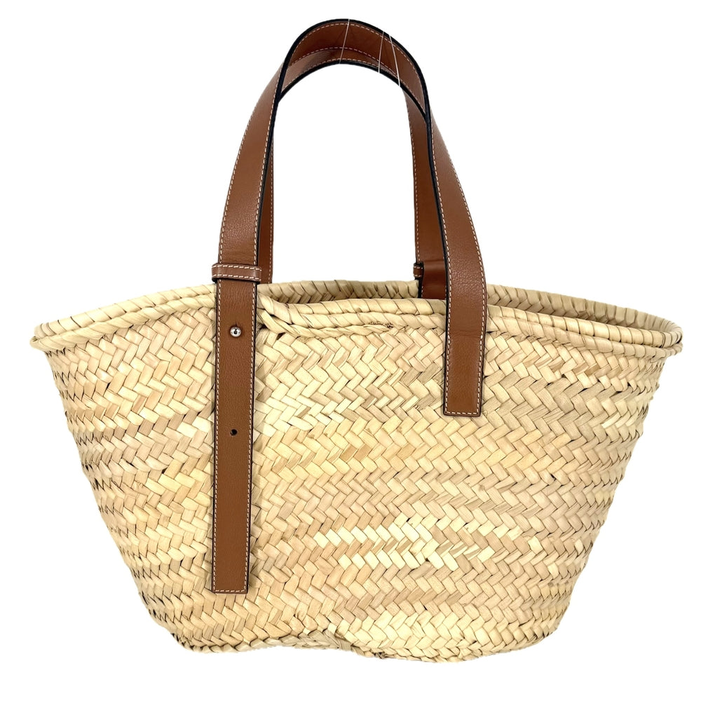 LOEWE ロエベ トートバッグ アナグラム バスケットバッグミディアム かごバッグ ハンドバッグ ラフィア レザー ベージュ ブラウン 茶 シルバー金具 レディース【中古品】