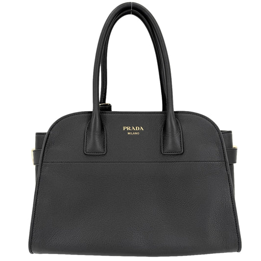 PRADA プラダ ハンドバッグ SOFT GLAIN ミディアム トートバッグ 1BG538 レザー ブラック 黒 シルバー金具 レディース【中古品】