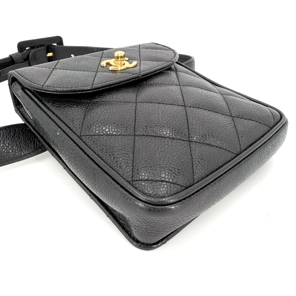 CHANEL シャネル ウエストバッグ マトラッセ ボディバッグ 小さめ ココマーク キャビアスキン ブラック 黒 ゴールド金具 レディース【中古品】