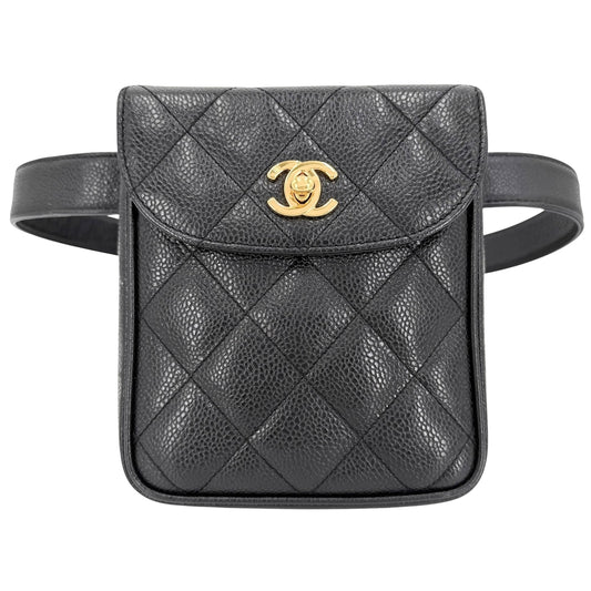 CHANEL シャネル ウエストバッグ マトラッセ ボディバッグ 小さめ ココマーク キャビアスキン ブラック 黒 ゴールド金具 レディース【中古品】