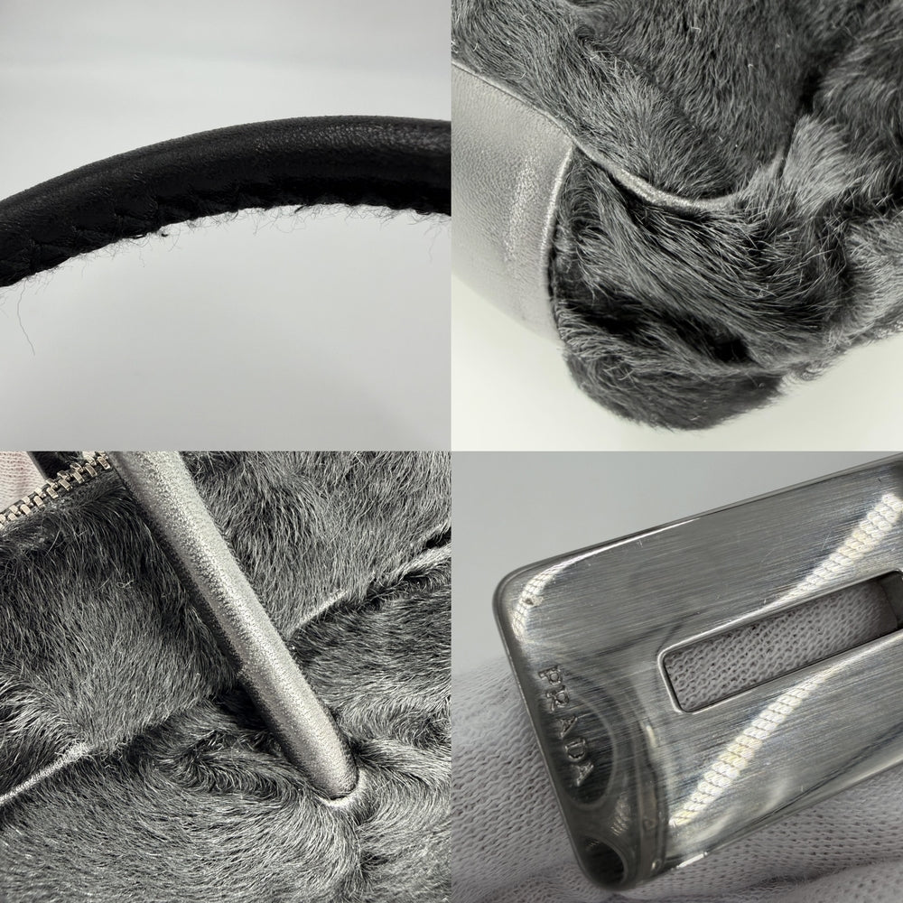 PRADA プラダ ハンドバッグ トライアングルロゴ フェイクファー ブラック 黒 シルバー金具 レディース【中古品】