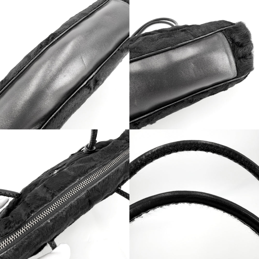 PRADA プラダ ハンドバッグ トライアングルロゴ フェイクファー ブラック 黒 シルバー金具 レディース【中古品】
