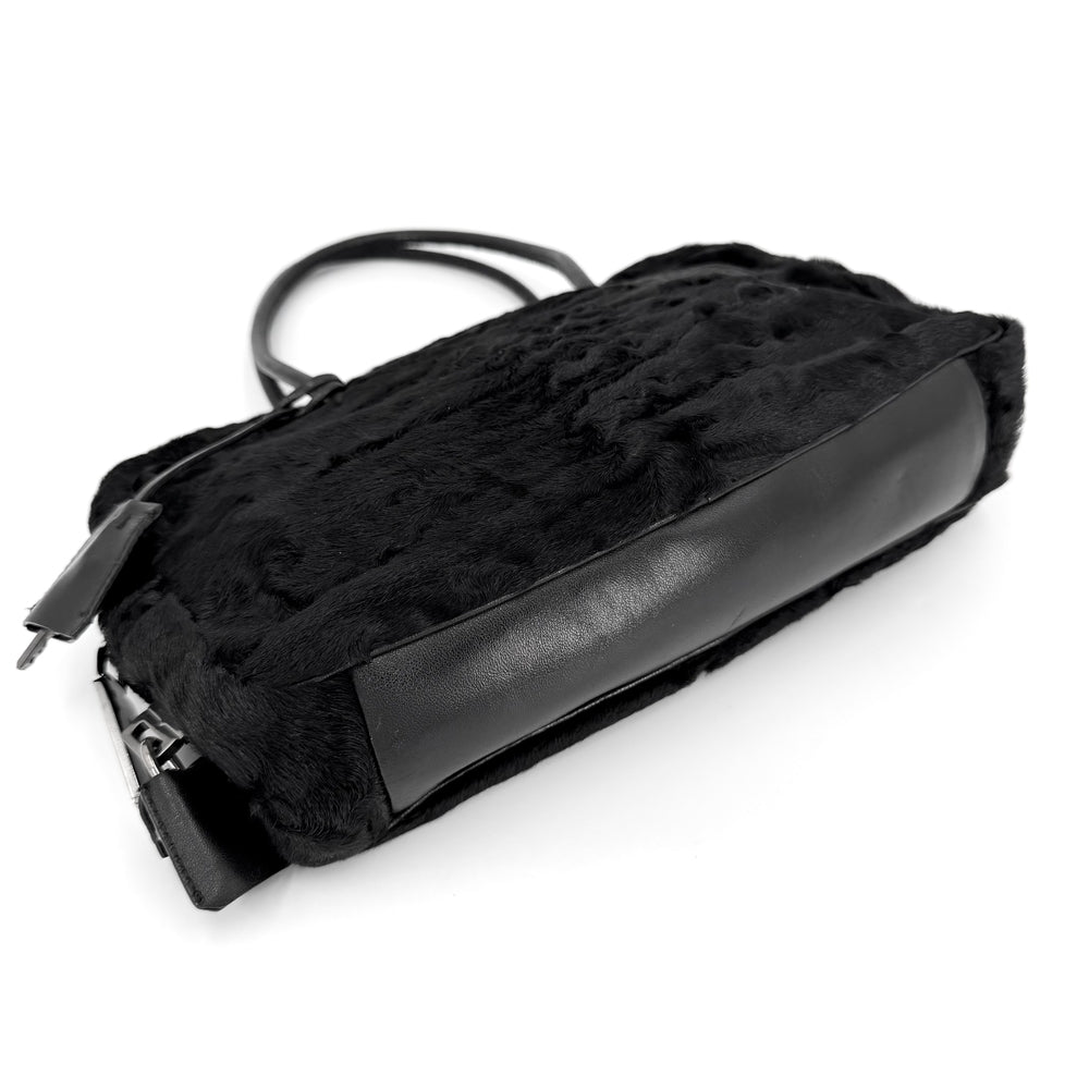 PRADA プラダ ハンドバッグ トライアングルロゴ フェイクファー ブラック 黒 シルバー金具 レディース【中古品】
