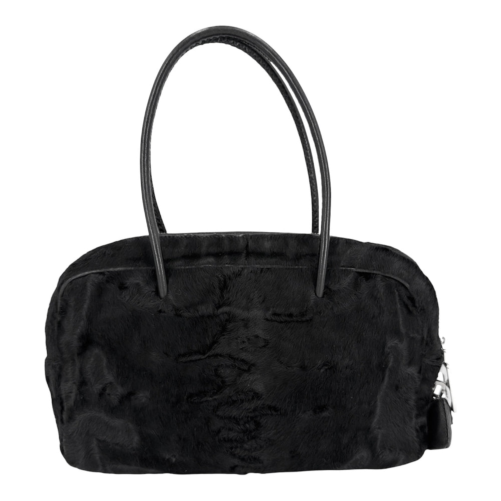 PRADA プラダ ハンドバッグ トライアングルロゴ フェイクファー ブラック 黒 シルバー金具 レディース【中古品】