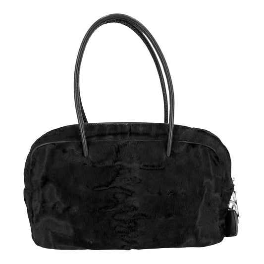 PRADA プラダ ハンドバッグ トライアングルロゴ フェイクファー ブラック 黒 シルバー金具 レディース【中古品】