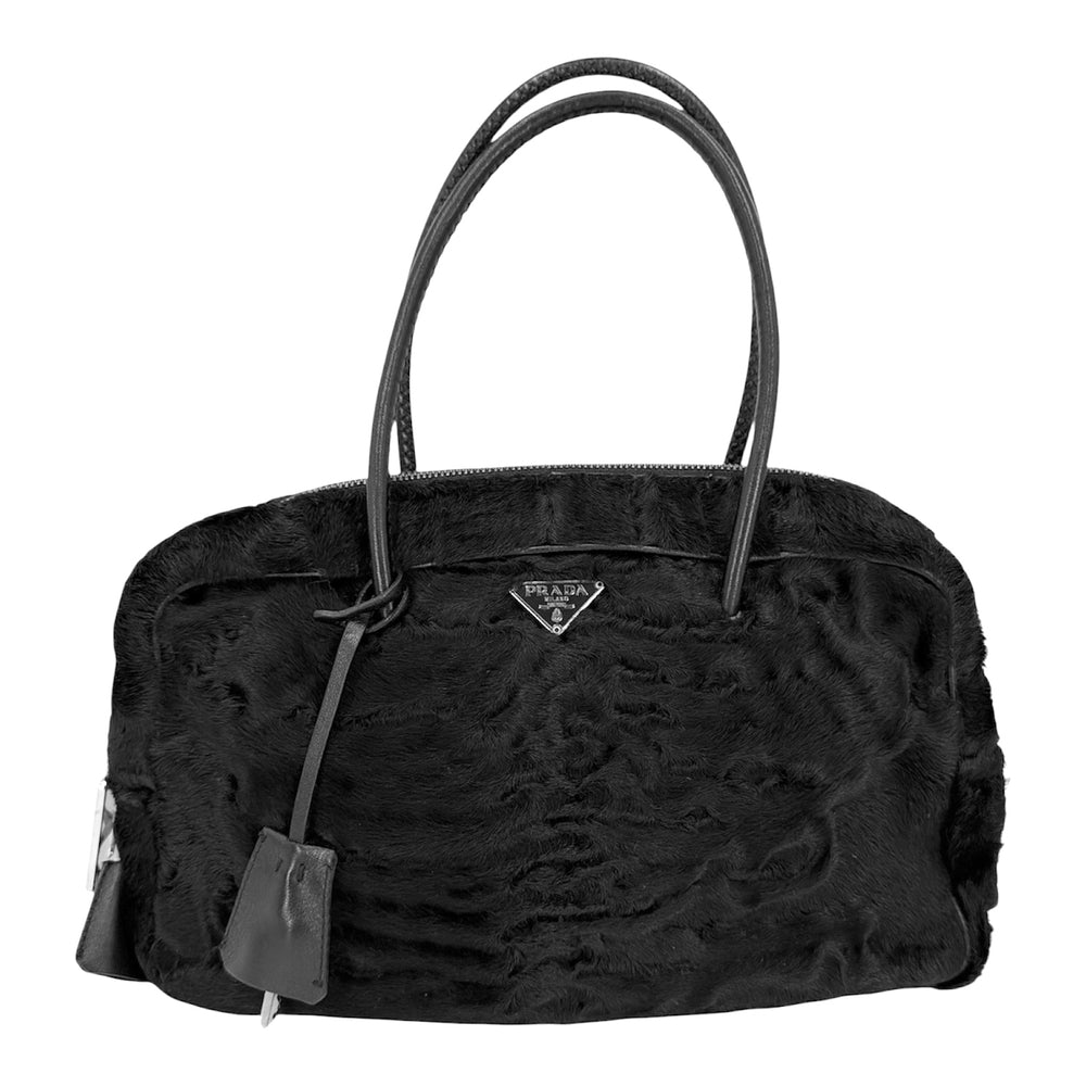 PRADA プラダ ハンドバッグ トライアングルロゴ フェイクファー ブラック 黒 シルバー金具 レディース【中古品】