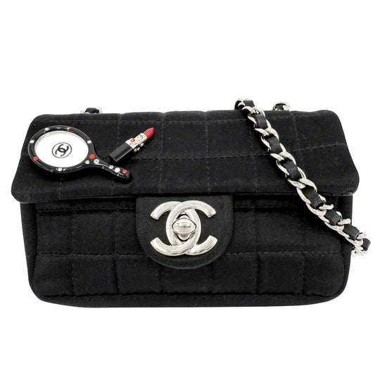 CHANEL シャネル ショルダーバッグ チョコバー チェーンショルダー ポシェット ミニバッグ ココマーク サテン ナイロンキャンバス ブラック 黒 シルバー金具 レディース【中古品】