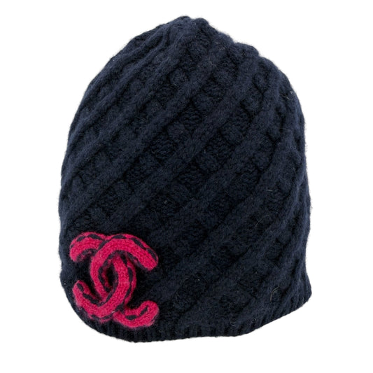 CHANEL シャネル ニットキャップ ニット帽 ビーニー ココマーク ファッションアイテム アパレル 秋 冬 カシミヤ ネイビー 紺 ピンク レディース【中古品】