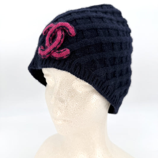 CHANEL シャネル ニットキャップ ニット帽 ビーニー ココマーク ファッションアイテム アパレル 秋 冬 カシミヤ ネイビー 紺 ピンク レディース【中古品】