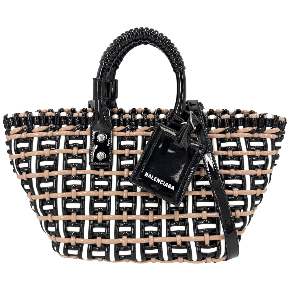 BALENCIAGA バレンシアガ 2WAY ビストロXS ハンドバッグ ショルダーバッグ 671342 エナメル ブラック 黒 ベージュ シルバー金具 レディース【中古品】