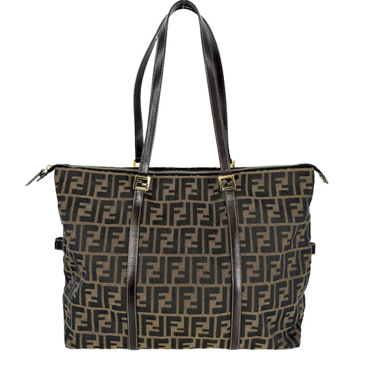 FENDI フェンディ トートバッグ ズッカ ファスナー ショルダーバッグ キャンバス レザー ブラウン 茶 ゴールド金具 レディース【中古品】