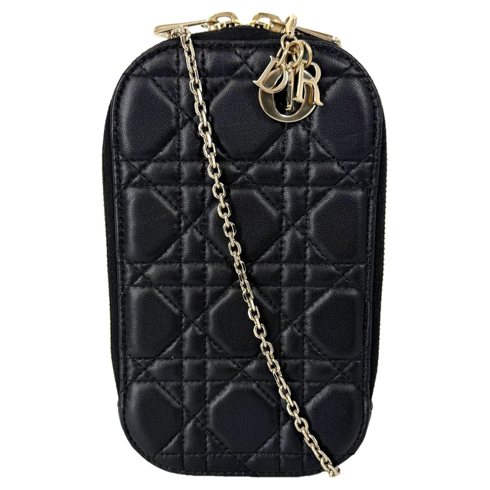 Christian Dior クリスチャンディオール ポーチ カナージュ レディディオール フォンホルダー チェーンポシェット Call'in Dior レザー ブラック 黒 ゴールド金具 レディース【中古品】