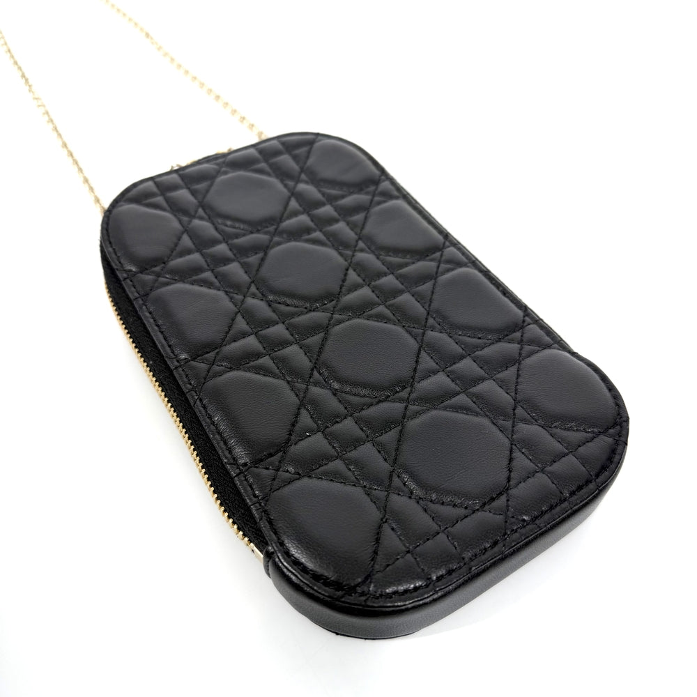 Christian Dior クリスチャンディオール ポーチ カナージュ レディディオール フォンホルダー チェーンポシェット Call'in Dior レザー ブラック 黒 ゴールド金具 レディース【中古品】